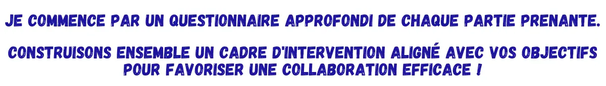 Je commence par un questionnaire approfondi de chaque partie prenante. Construisons ensemble un cadre d'intervention aligné avec vos objectifs pour favoriser une collaboration efficace !